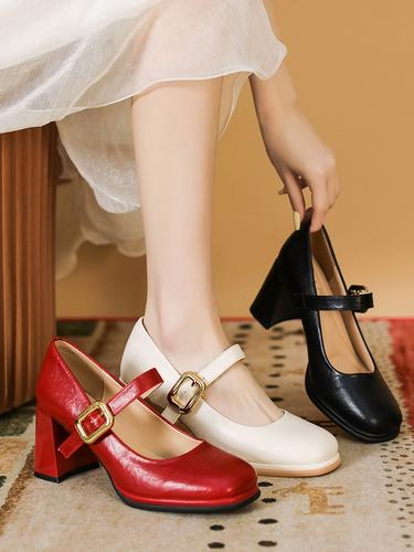 法式高跟鞋春秋圆头粗跟单鞋女2024新款玛丽珍女鞋一字扣带小皮鞋