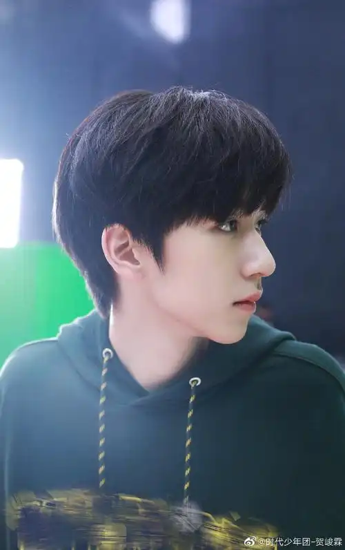 "照片中,贺峻霖身穿墨绿色卫衣搭配蓝绿格子裤,帅气十足!