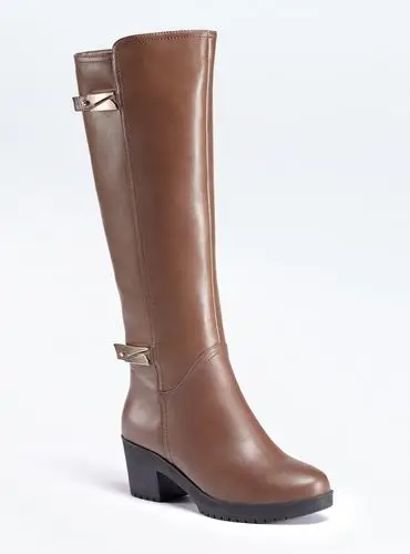 梦芭莎时尚简约双排扣舒适中跟高筒女靴