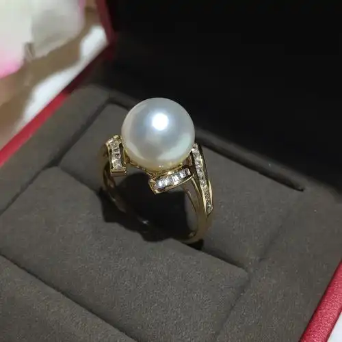 麦典珍珠 10-11mm 海水南洋白珍珠戒指正圆强光 18k金托镶嵌