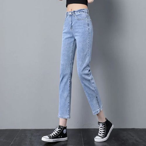 开叉直筒牛仔裤女夏季洋气今年新款流行的高腰小个子九分烟管裤子
