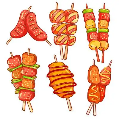 烧烤串串香肉串丸子组合插画素材