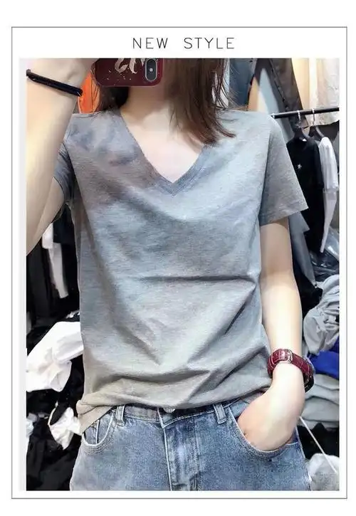 希尔库班大领口t恤女大码低领短袖装胖夏季v领t恤宽松显瘦胖妹妹200斤