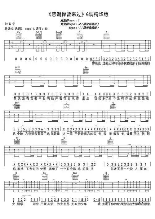 感谢你曾来过吉他谱ayo97阿涵g调吉他图片谱2张