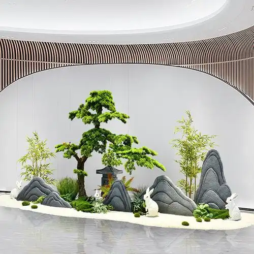新中式假山片石景观楼梯间橱窗造景酒店会所软装入户落地摆件