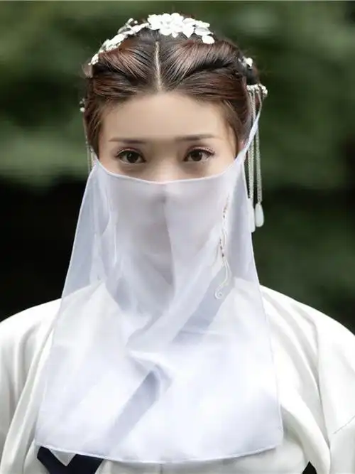 古风刺绣花面纱复古代汉服遮脸挂耳超仙古装汉服蒙面白色凤凰绑带面纱