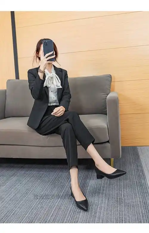 高铁乘务员高跟鞋职业正装鞋黑色尖头浅口工作鞋女夏季新款中粗跟空姐