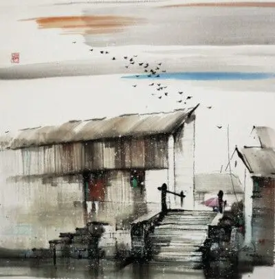 小桥流水 烟雨江南 古风插画