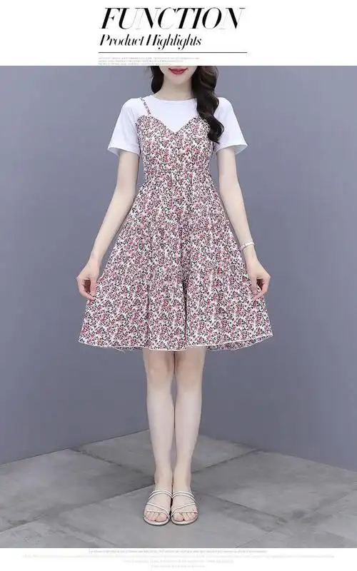 碎花连衣裙女装夏季2021新款今年流行气质小个子假两件套裙子 - 17网
