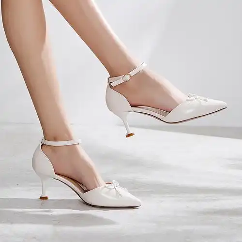 香香莉中空单鞋女细高跟尖头2019春新款蝴蝶结一字带包跟单凉鞋白色36