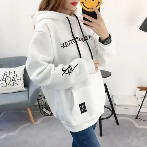 秋冬季韩版长袖卫衣女连帽加绒宽松大码套头上衣刺绣百搭女装潮流