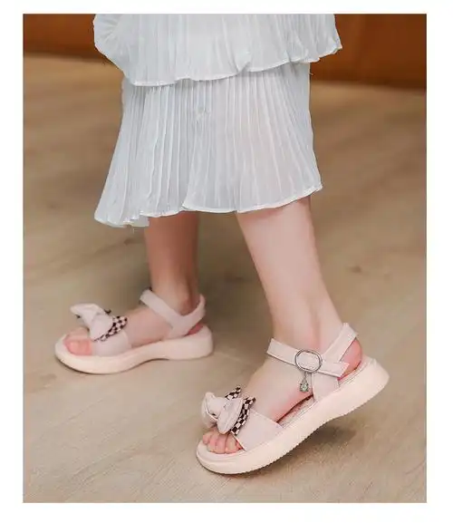 迪士尼disney女童凉鞋夏季新款儿童软底防滑中大童小女孩蝴蝶结沙滩