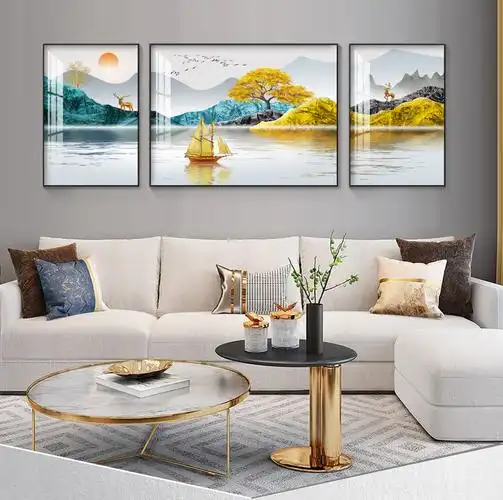 工厂现发客厅装饰画晶瓷镶钻画三联画现代新中式山水画沙发背景墙壁画