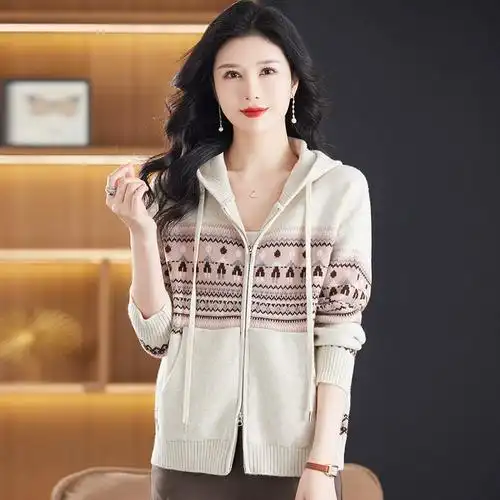 恒源祥春秋连帽羊毛开衫女大码宽松外搭针织衫拼色提花毛衣外套女