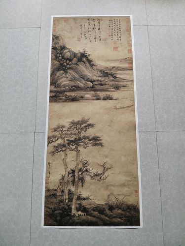 元吴镇洞庭渔隐图国画山水仿古画微喷打印复制画原大宣纸画心