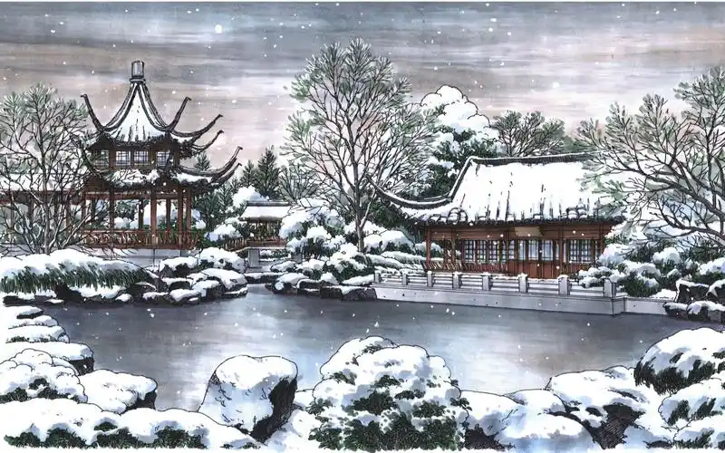 古典园林雪景上色(带马克笔色号)