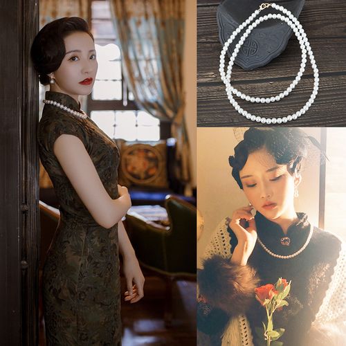 手推波纹假发配饰复古民国波纹珍珠项链旗袍假发大波浪古风发饰品