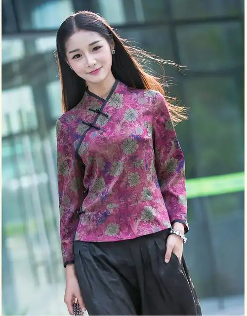 华族经典春装真丝唐装女旗袍上衣新款复古中式修身改良七分袖 桃红-20