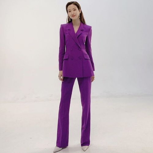 明星同款职业西装裤套装女气质紫色新闻主持人正装艺考播音服装新