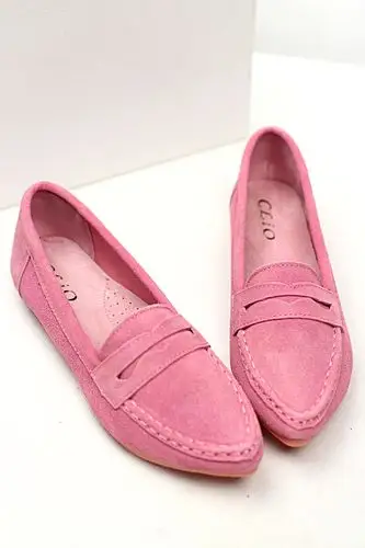 粉红尖头平底真皮豆豆鞋女 春夏透气舒适牛筋软底浅口单鞋