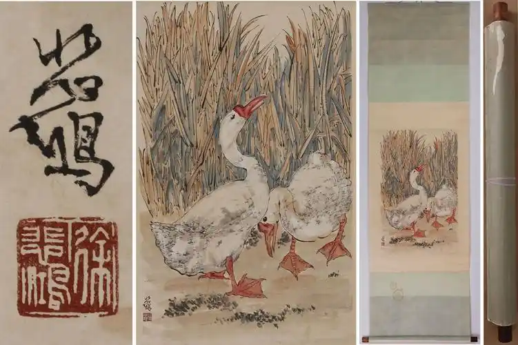 中国美术 中国画 近代画家「徐悲鸿 双図」肉笔纸本 ★挂轴★大珍品