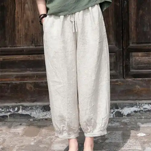 复古亚麻灯笼裤女休闲裤棉麻九分裤