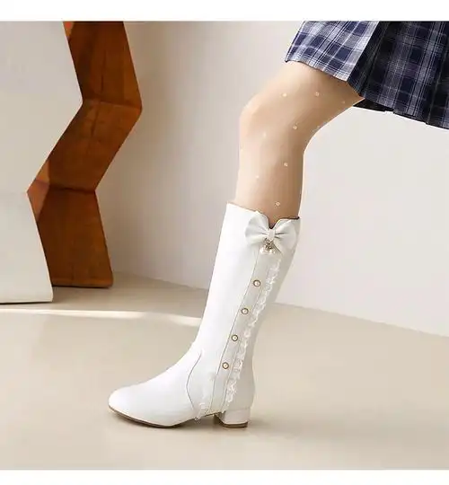 女童加绒加厚长筒靴高筒靴秋冬长筒靴公主皮靴高跟鞋子儿童长靴白色