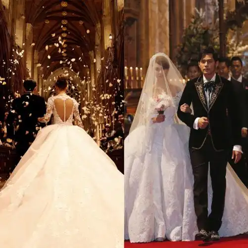 出租周杰伦昆凌同款蕾丝v蕾丝露背桃心长袖新娘大拖尾婚纱精致