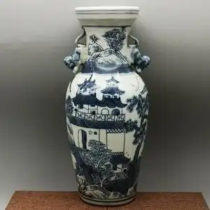 晚清民国青花山水双耳瓶古玩瓷器古董收藏民间老物件老货旧货摆件