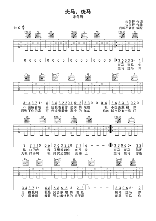 斑马斑马 - 宋冬野c调简易版弹唱吉他谱