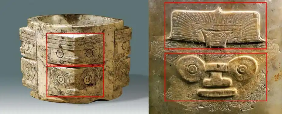 折角上立体化的神徽图案分为上下两层(上图左侧),不论是一节的玉琮