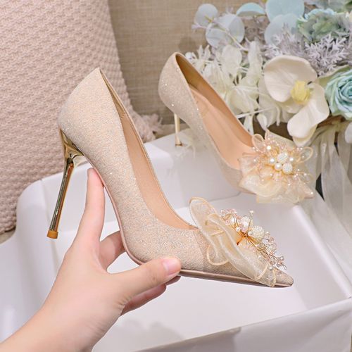 十八岁少女水晶鞋成人礼香槟色高跟鞋女细跟尖头气质蝴蝶结婚纱珍珠