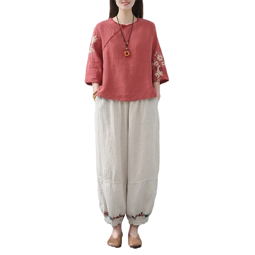 棉麻套装女夏季中国民族风女装文艺复古宽松上衣亚麻妈妈装两件套