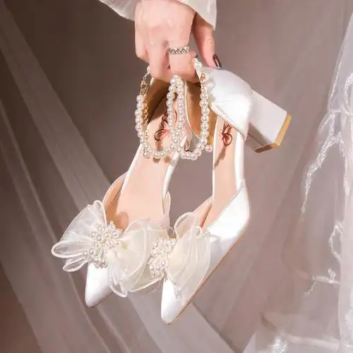 奔典品牌法式蝴蝶结新娘珍珠白色设计感小众珍珠主婚纱高跟鞋结婚鞋多