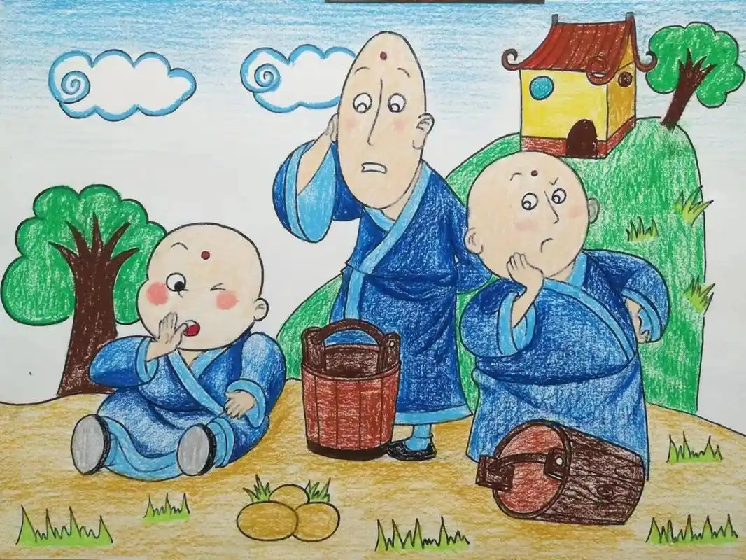 寓言故事人物主题画|儿童画|三个和尚没水喝 #教师招聘美术# #教师