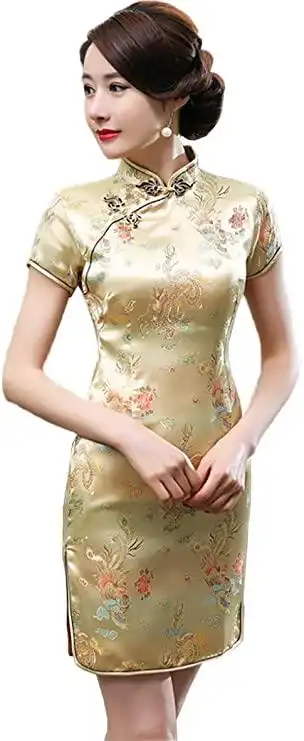 expoing qipao 短龙凤凰图案锦缎中国传统旗袍连衣裙女式短袖迷你