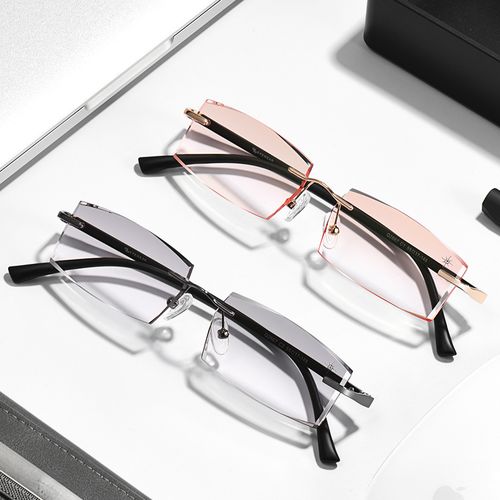 新款超长镜腿无螺丝无框切边变色防蓝光眼镜商务雕花超轻成品眼睛