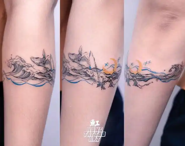 鲸海浪抽象线条原创臂环纹身