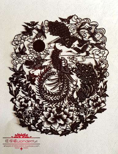百鸟朝凤 祥瑞寓意 蔚县剪纸 手工刻 宣纸染色 只有黑色