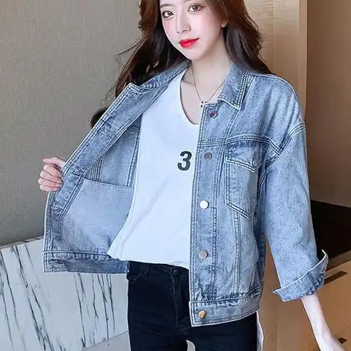 春秋新款时尚休闲大码宽松牛仔外套女百搭显瘦牛仔衣纯色夹克上衣
