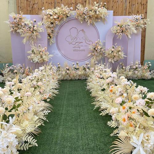 香槟色婚礼场景装饰花艺婚庆背景墙舞台假花布置地排花路引花点花