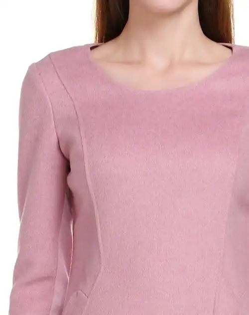 豆沙粉色斯文优雅长袖连衣裙