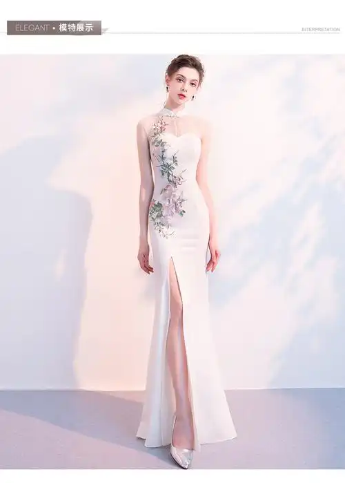 白色晚礼服女2022新款宴会优雅性感长款鱼尾中国风旗袍连衣裙