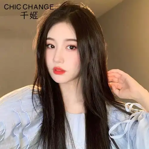 千姬假发女夏真发全真人发长发中分长直发八字刘海真人发丝发套