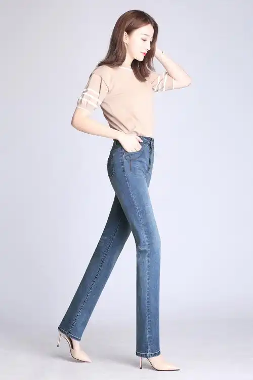 高腰新款牛仔裤女装休闲直筒长裤 弹力女式牛仔裤子外贸批发