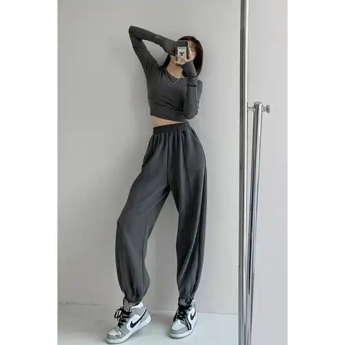 ins博主宽松灰色运动裤女春秋新款直筒束脚裤休闲显瘦哈伦卫裤潮