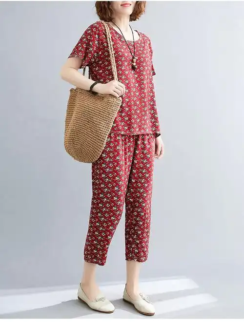 好品质中老年居家服民族风大码棉绸时尚套装女宽松短袖t恤七分哈伦裤4