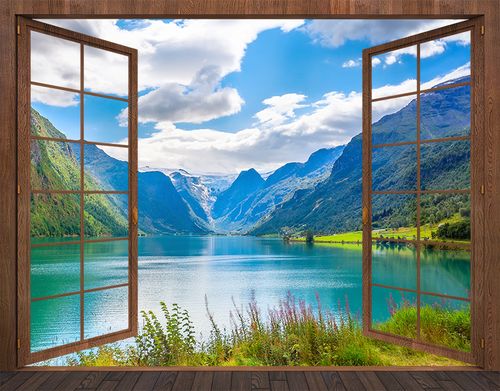 唯美仿真胡桃木窗户贴画装饰森林瀑布风景3d墙贴