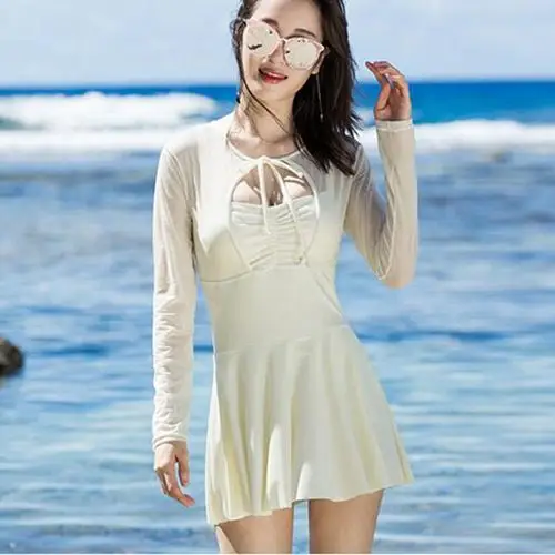 泳衣女连体裙式 钢托温泉游泳装 女生泳衣 米白色 l