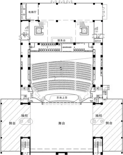 重庆某剧院建筑结构体系为框架剪力墙结构,舞台区域原设计为3跨4排